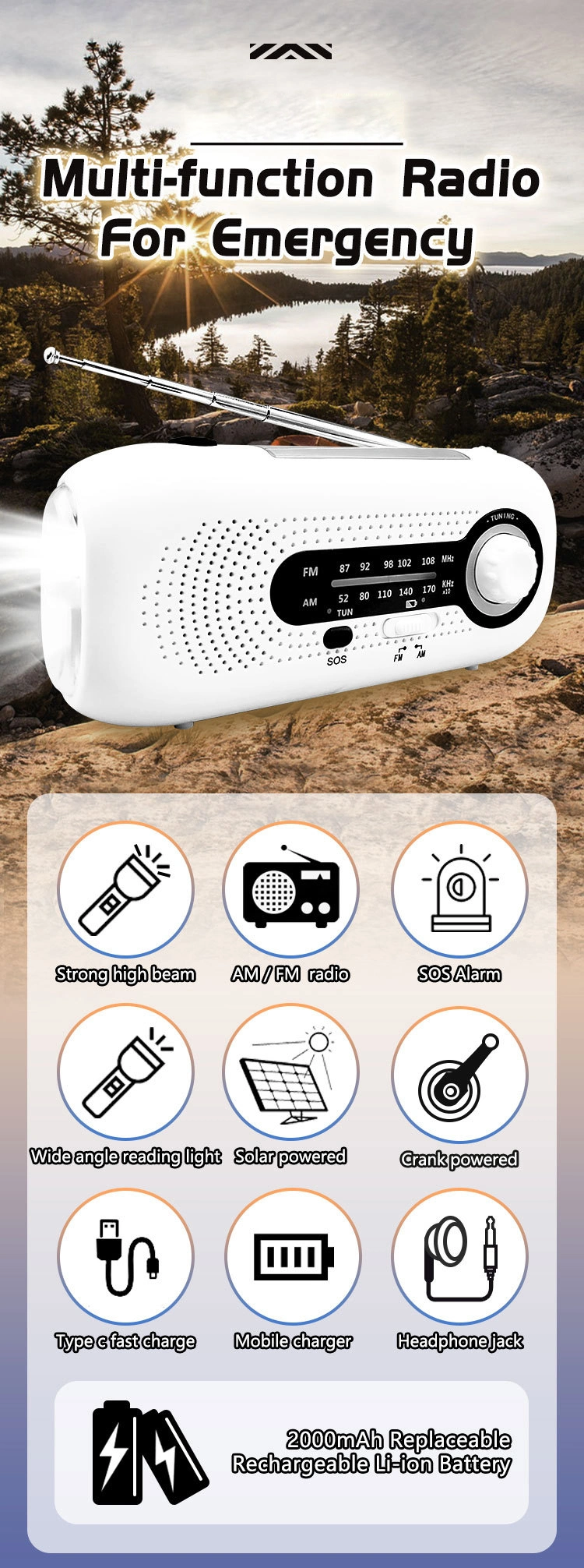 Emergency Hand Crank Self Powered Am/FM Solar Weather Radio with LED Flashlight 2000mAh Power Bank for Mobile Phone Charge